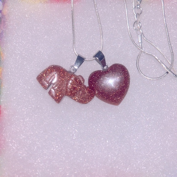 Boho Hippie Goldstone Crystal heart & Goldstone Elephant 🐘 16” Silver … - Picture 3 of 6